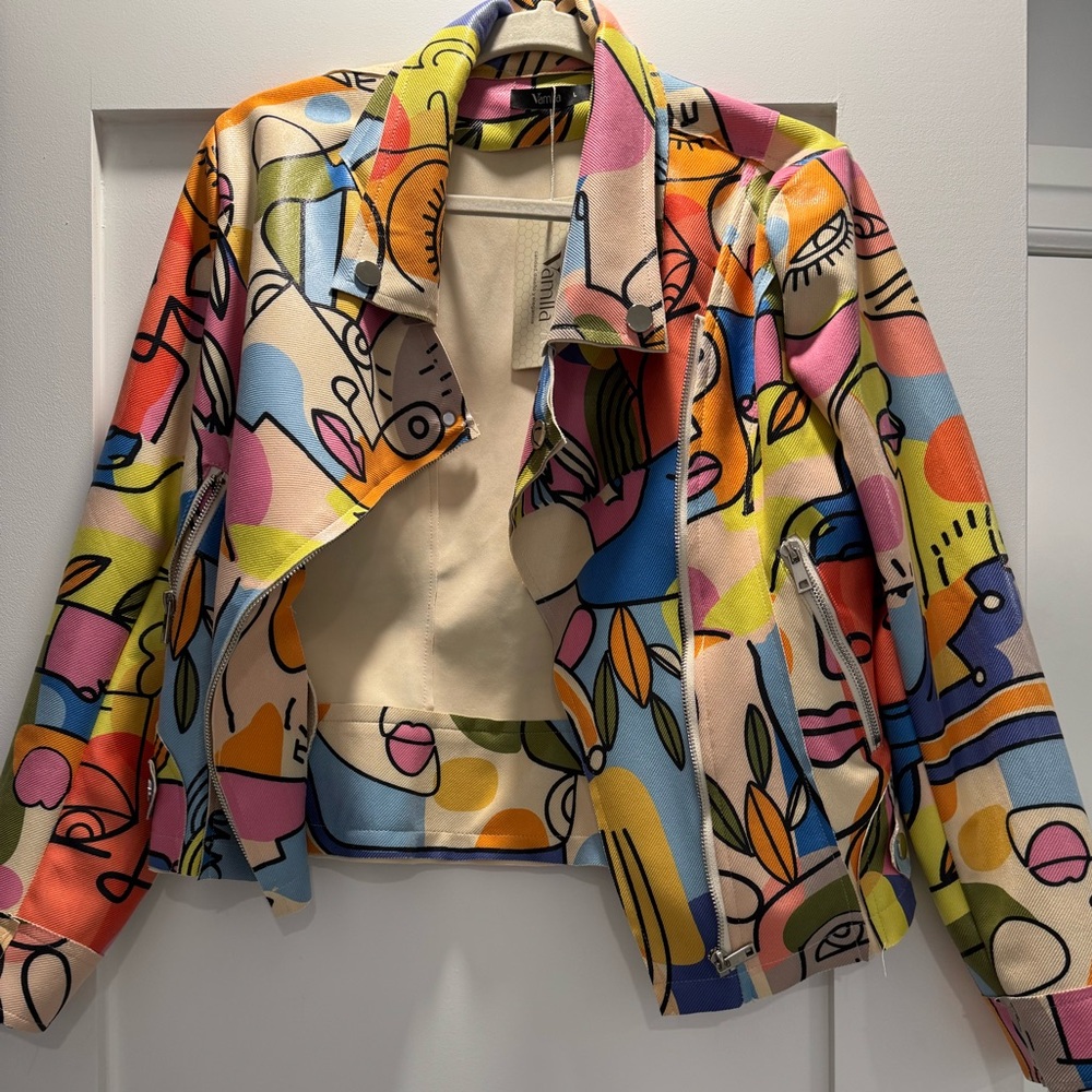 Picasso Style Abstract Printed Women's Jacket. Size L.